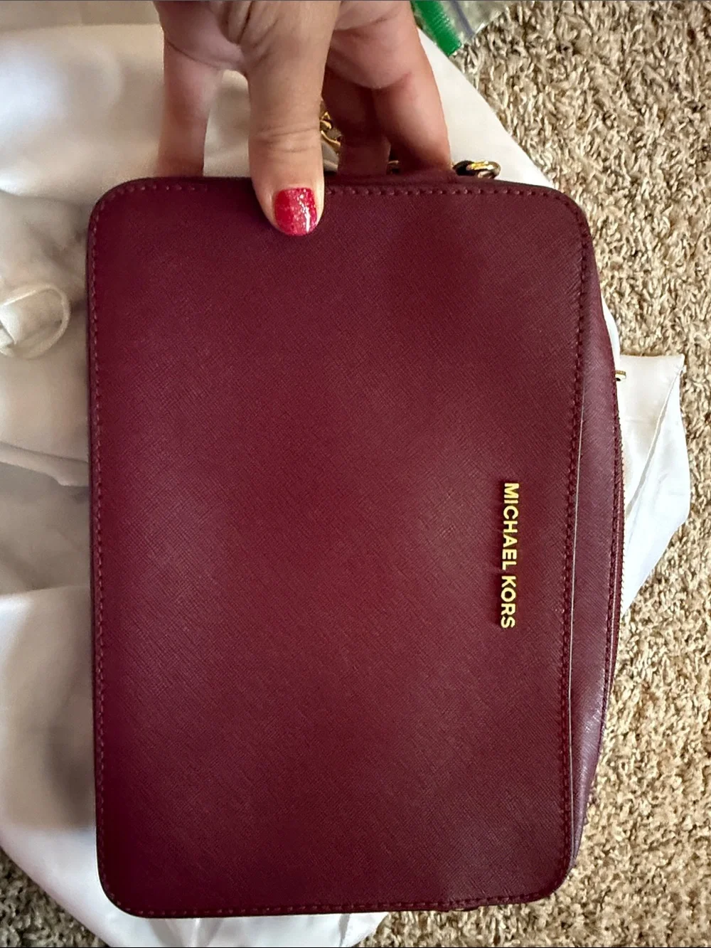 Michael Kors Wine Red Leather Crossbody with Gold Logo